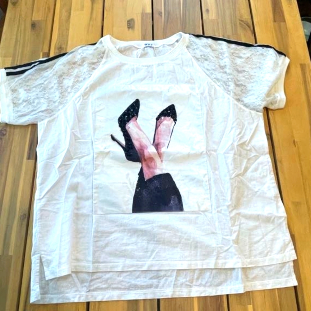 WHY Dress Womens Oversized White Lace‎ T-Shirt with Heels Graphic Size Large